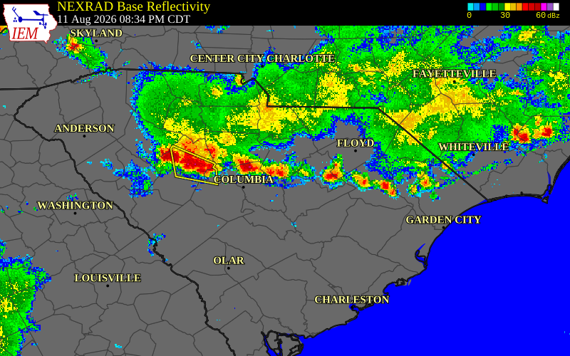 Radar snapshot during the Aug 11, 2026 wind event near Kershaw County, Kershaw County, South Carolina, with NWS warning polygons