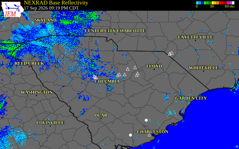 Current NEXRAD radar over Kershaw County, South Carolina with recent storm report locations
