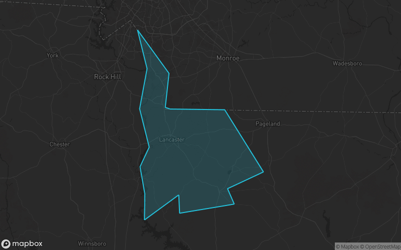 Map of Lancaster County, South Carolina showing the county boundary and surrounding cities