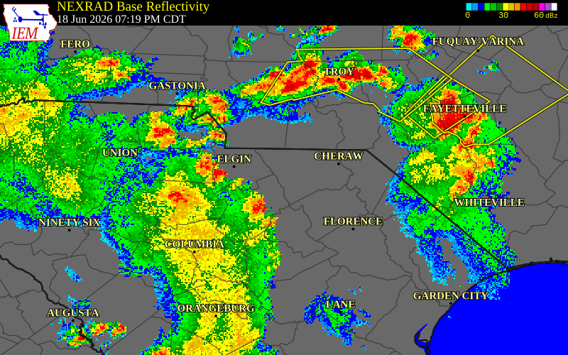 NEXRAD radar during the Thursday, June 18, 2026 storm activity in Lancaster County, South Carolina