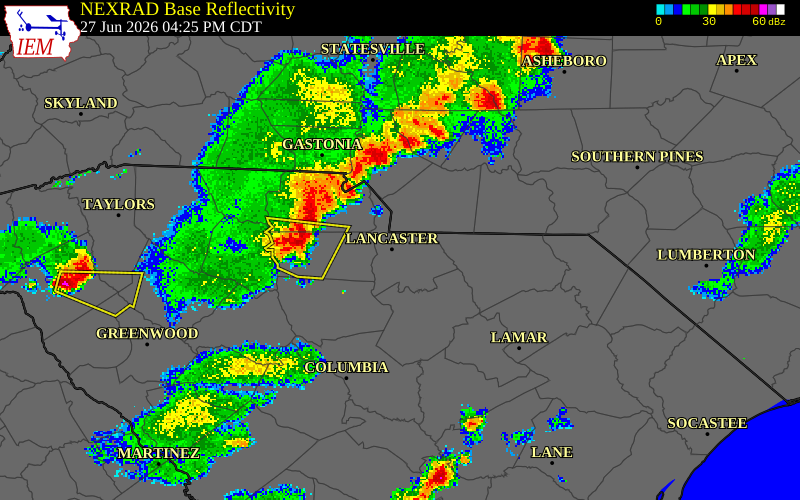 NEXRAD radar during the Saturday, June 27, 2026 storm activity in Lancaster County, South Carolina