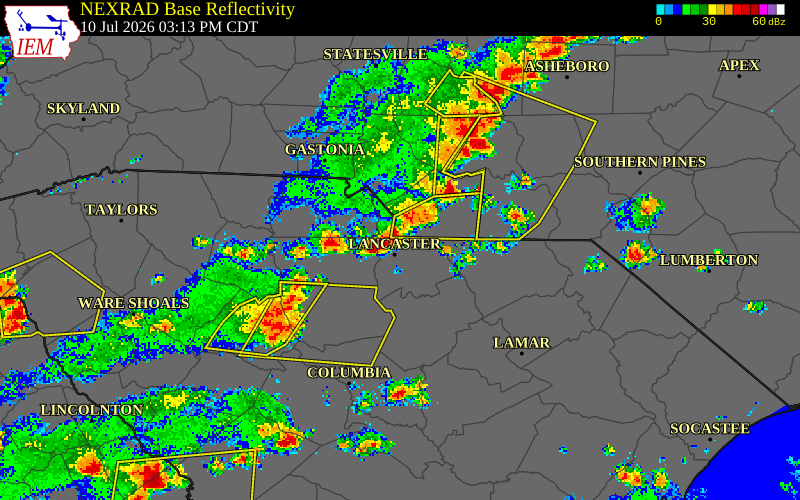 NEXRAD radar during the Friday, July 10, 2026 storm activity in Lancaster County, South Carolina