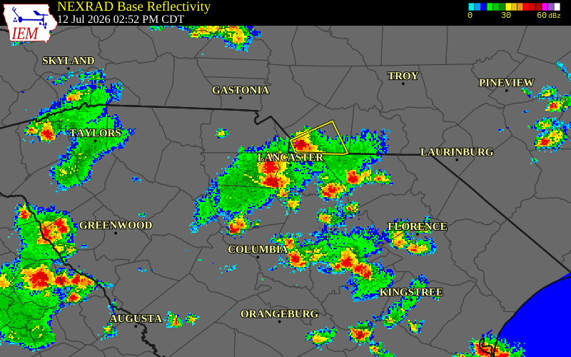 NEXRAD radar during the Sunday, July 12, 2026 storm activity in Lancaster County, South Carolina