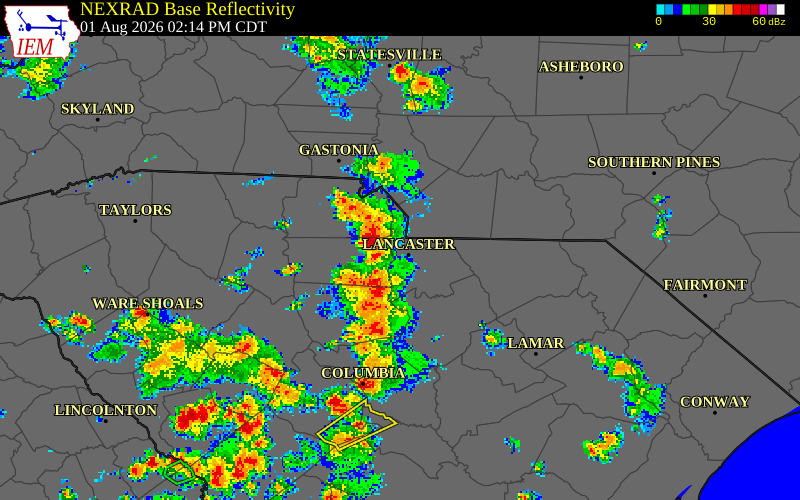 NEXRAD radar during the Saturday, August 1, 2026 storm activity in Lancaster County, South Carolina