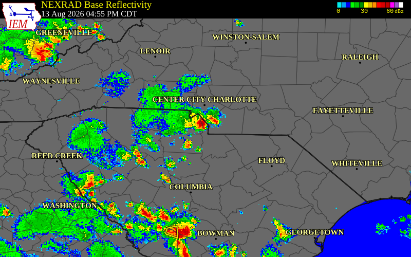 Radar snapshot during the Aug 13, 2026 wind event near Lancaster County, Lancaster County, South Carolina, with NWS warning polygons