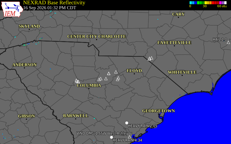Current NEXRAD radar over Lancaster County, South Carolina with recent storm report locations