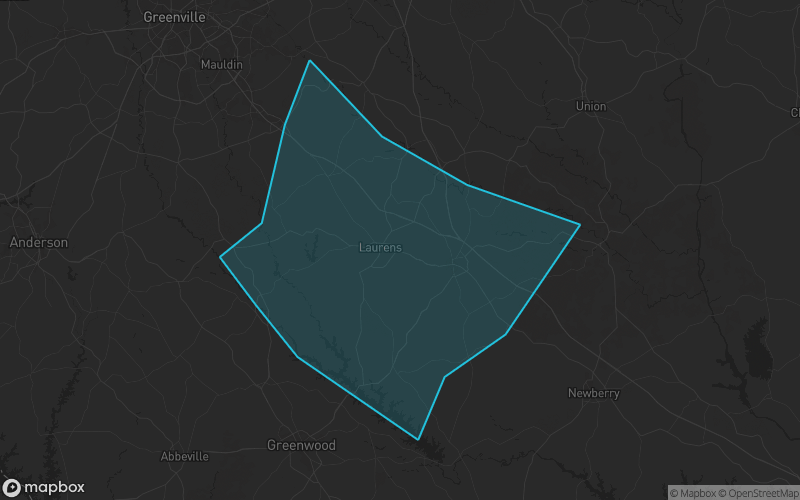 Map of Laurens County, South Carolina showing the county boundary and surrounding cities