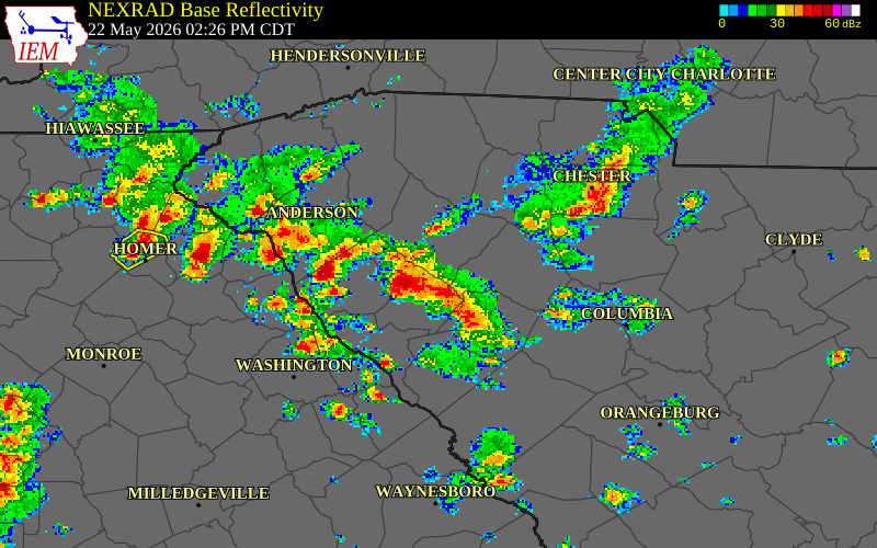 NEXRAD radar during the Friday, May 22, 2026 storm activity in Laurens County, South Carolina