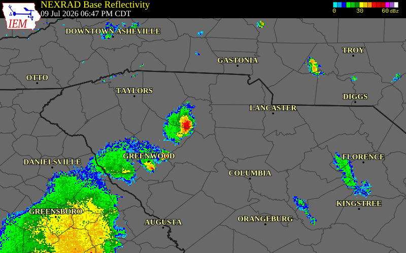 NEXRAD radar during the Thursday, July 9, 2026 storm activity in Laurens County, South Carolina