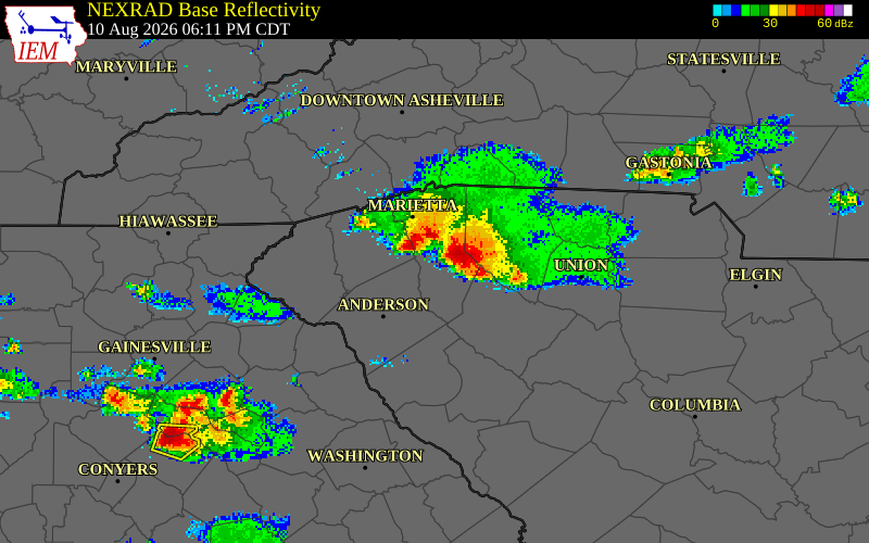 NEXRAD radar during the Monday, August 10, 2026 storm activity in Laurens County, South Carolina