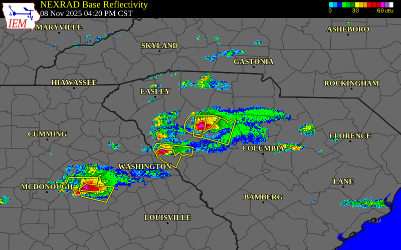 Radar snapshot during the Nov 8, 2025 hail event near 6 SW Clinton, Laurens County, South Carolina, with NWS warning polygons