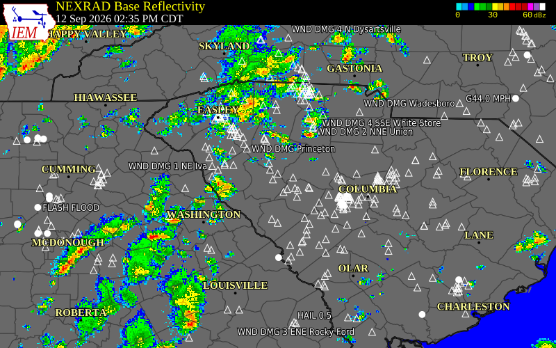 Current NEXRAD radar over Laurens County, South Carolina with recent storm report locations