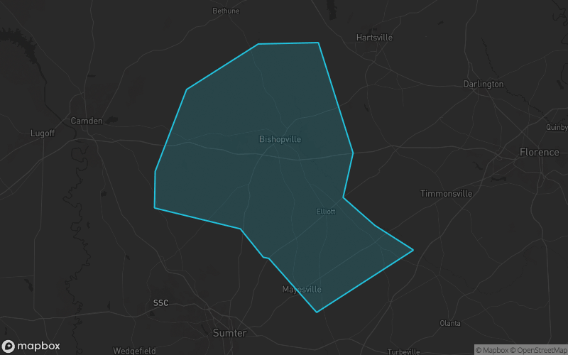 Map of Lee County, South Carolina showing the county boundary and surrounding cities