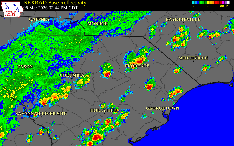 NEXRAD radar during the Sunday, March 8, 2026 storm activity in Lee County, South Carolina