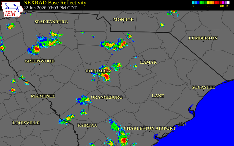 NEXRAD radar during the Monday, June 22, 2026 storm activity in Lee County, South Carolina
