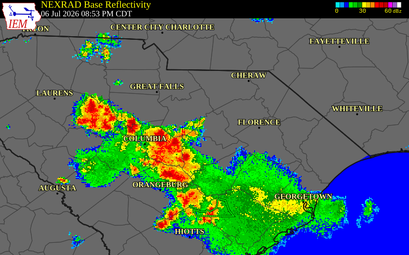 NEXRAD radar during the Monday, July 6, 2026 storm activity in Lee County, South Carolina