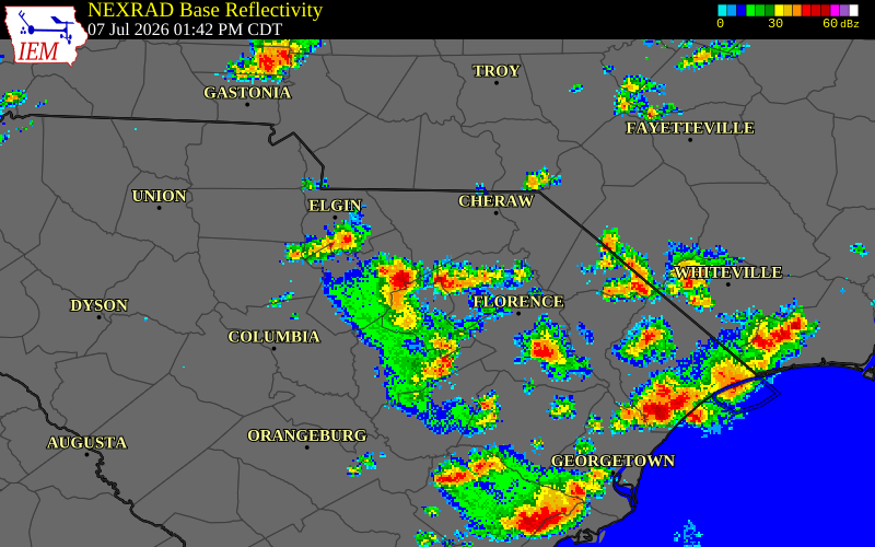 NEXRAD radar during the Tuesday, July 7, 2026 storm activity in Lee County, South Carolina