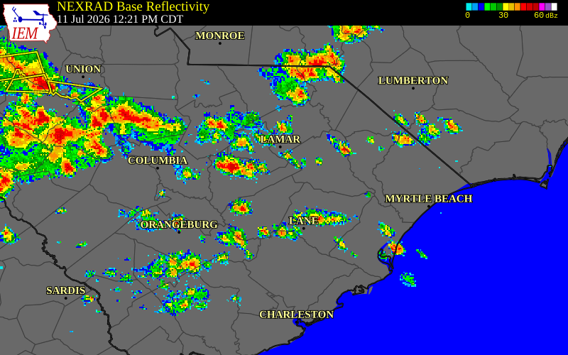 NEXRAD radar during the Saturday, July 11, 2026 storm activity in Lee County, South Carolina
