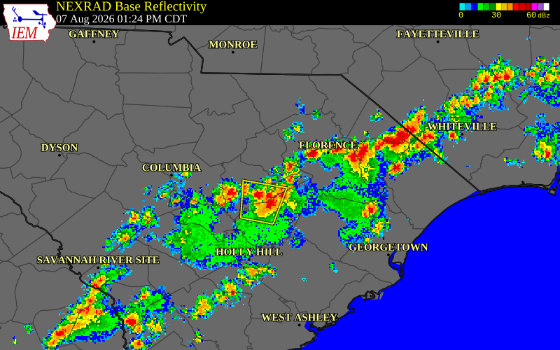 NEXRAD radar during the Friday, August 7, 2026 storm activity in Lee County, South Carolina