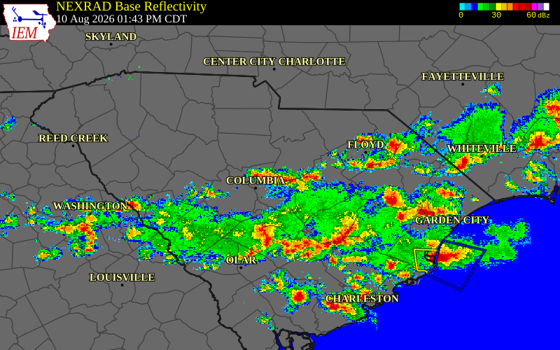 Radar snapshot during the Aug 10, 2026 wind event near Lee County, Lee County, South Carolina, with NWS warning polygons