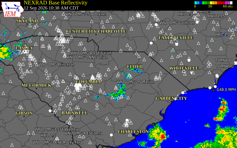 Current NEXRAD radar over Lee County, South Carolina with recent storm report locations
