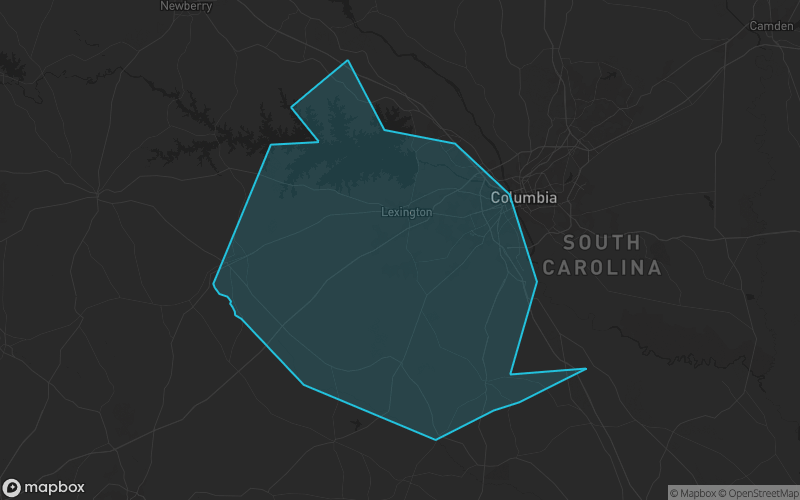Map of Lexington County, South Carolina showing the county boundary and surrounding cities