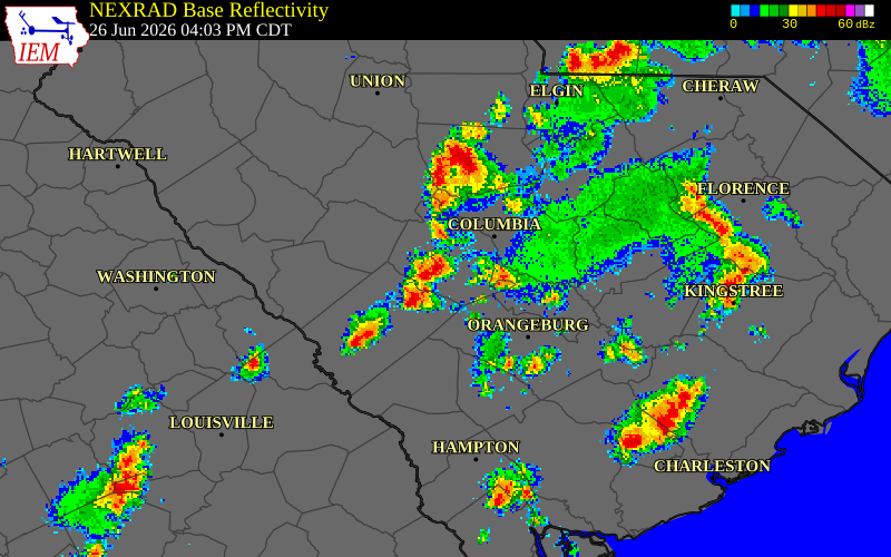NEXRAD radar during the Friday, June 26, 2026 storm activity in Lexington County, South Carolina