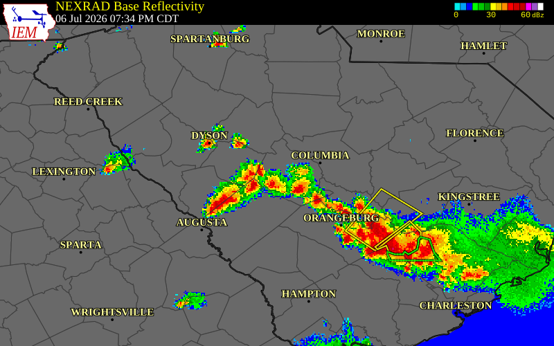 NEXRAD radar during the Monday, July 6, 2026 storm activity in Lexington County, South Carolina