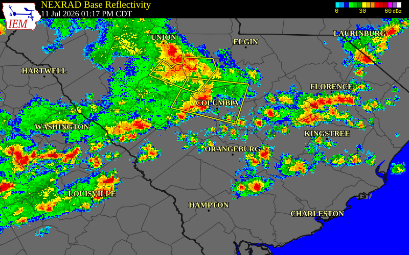 NEXRAD radar during the Saturday, July 11, 2026 storm activity in Lexington County, South Carolina