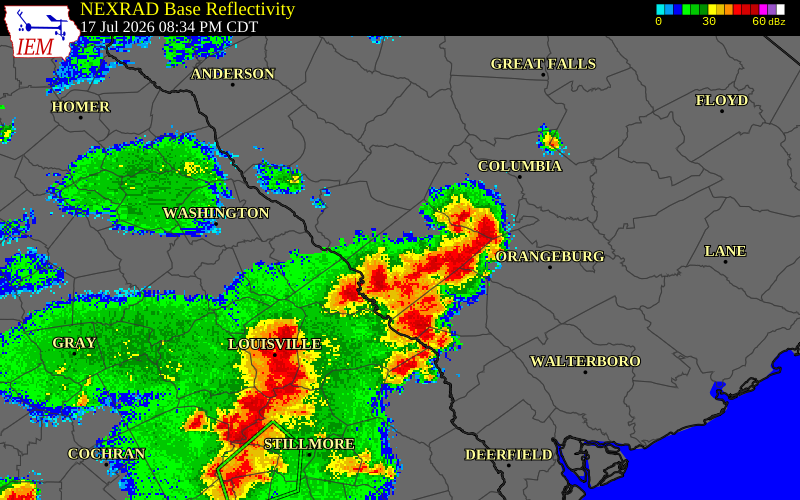 NEXRAD radar during the Friday, July 17, 2026 storm activity in Lexington County, South Carolina