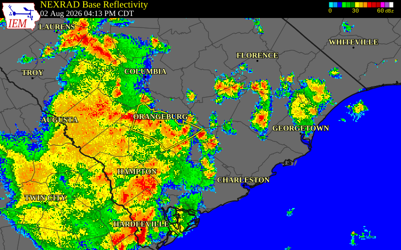 NEXRAD radar during the Sunday, August 2, 2026 storm activity in Lexington County, South Carolina