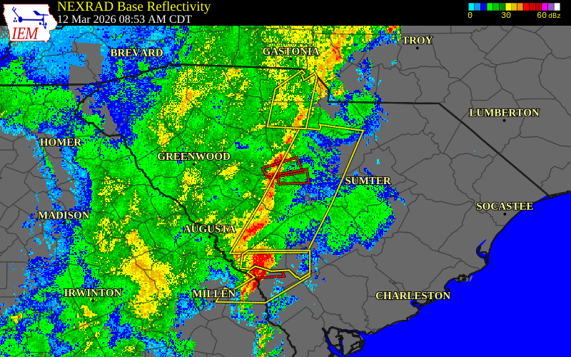 Radar snapshot during the Aug 6, 2026 wind event near Lexington County, Lexington County, South Carolina, with NWS warning polygons