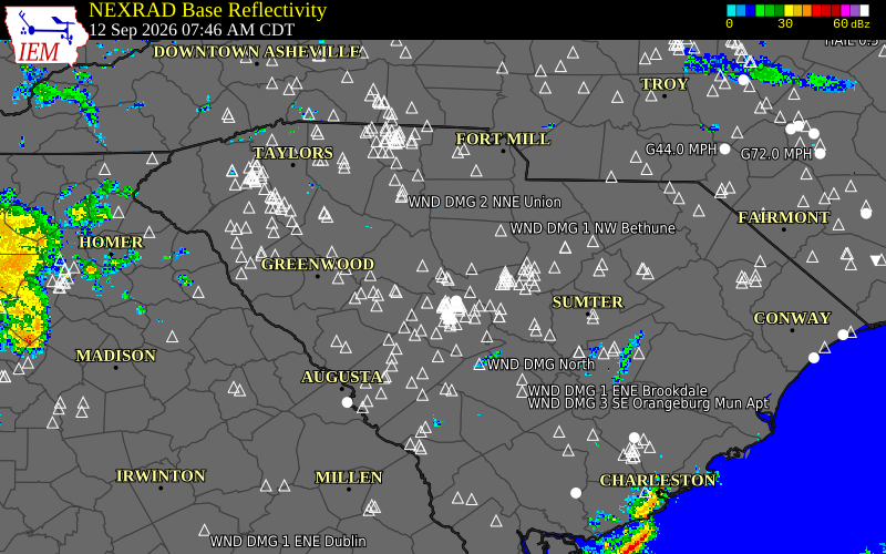 Current NEXRAD radar over Lexington County, South Carolina with recent storm report locations