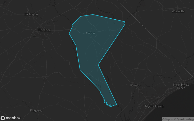 Map of Marion County, South Carolina showing the county boundary and surrounding cities