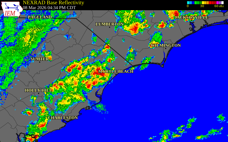 NEXRAD radar during the Sunday, March 8, 2026 storm activity in Marion County, South Carolina