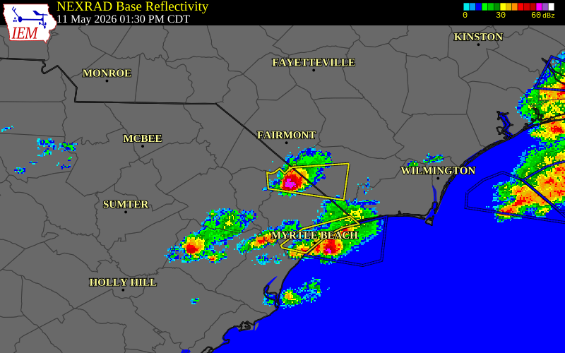 NEXRAD radar during the Monday, May 11, 2026 storm activity in Marion County, South Carolina