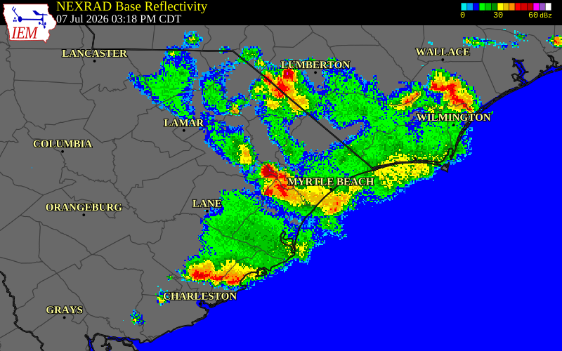NEXRAD radar during the Tuesday, July 7, 2026 storm activity in Marion County, South Carolina