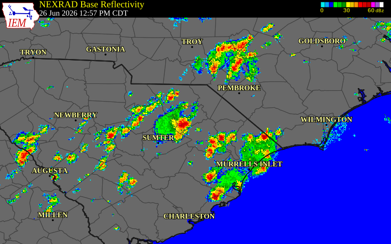 Radar snapshot during the Jun 26, 2026 wind event near Marion County, Marion County, South Carolina, with NWS warning polygons