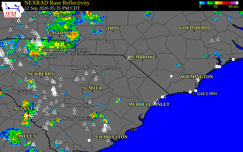 Current NEXRAD radar over Marion County, South Carolina with recent storm report locations