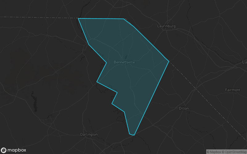 Map of Marlboro County, South Carolina showing the county boundary and surrounding cities
