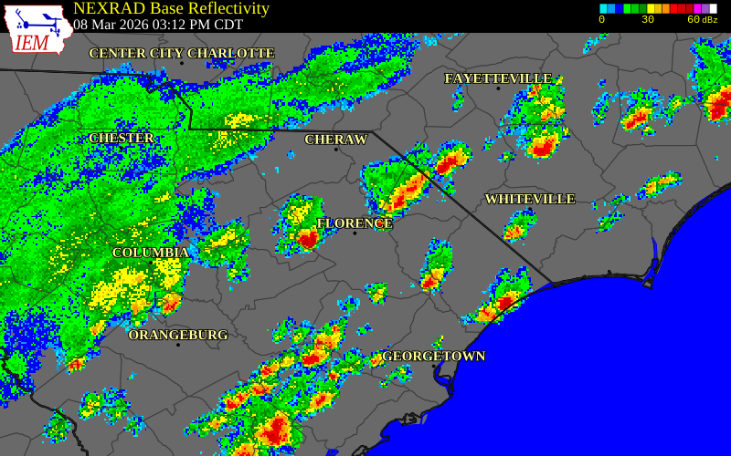 NEXRAD radar during the Sunday, March 8, 2026 storm activity in Marlboro County, South Carolina