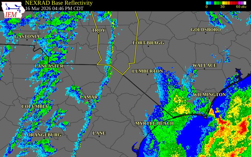 NEXRAD radar during the Monday, March 16, 2026 storm activity in Marlboro County, South Carolina