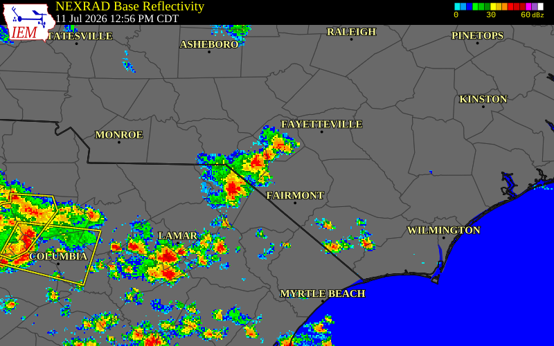 NEXRAD radar during the Saturday, July 11, 2026 storm activity in Marlboro County, South Carolina