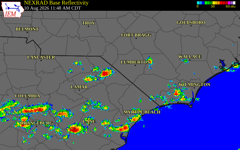 NEXRAD radar during the Monday, August 10, 2026 storm activity in Marlboro County, South Carolina