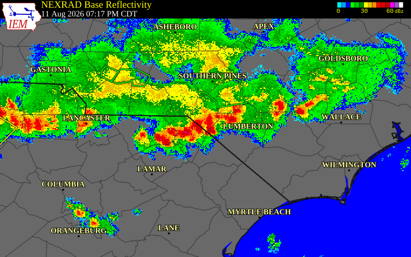 NEXRAD radar during the Tuesday, August 11, 2026 storm activity in Marlboro County, South Carolina