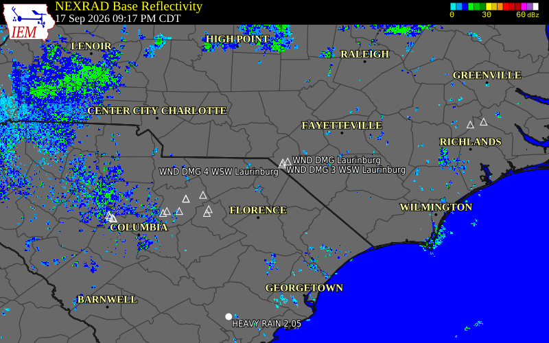 Current NEXRAD radar over Marlboro County, South Carolina with recent storm report locations