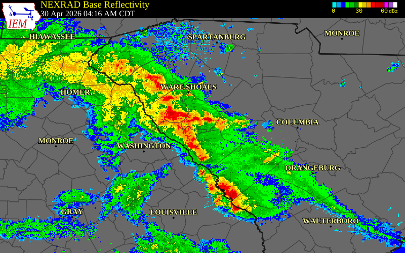 NEXRAD radar during the Thursday, April 30, 2026 storm activity in McCormick County, South Carolina