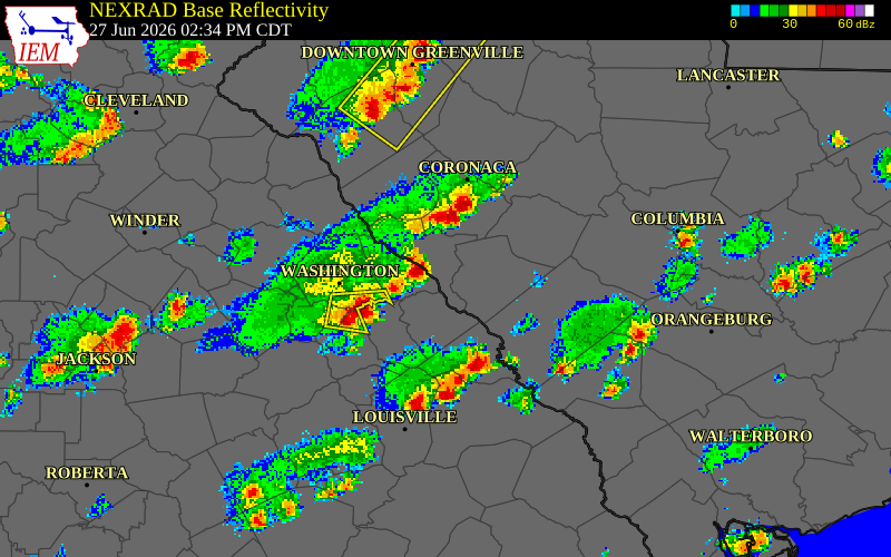 NEXRAD radar during the Saturday, June 27, 2026 storm activity in McCormick County, South Carolina