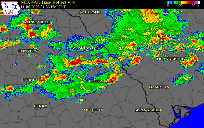 NEXRAD radar during the Saturday, July 11, 2026 storm activity in McCormick County, South Carolina