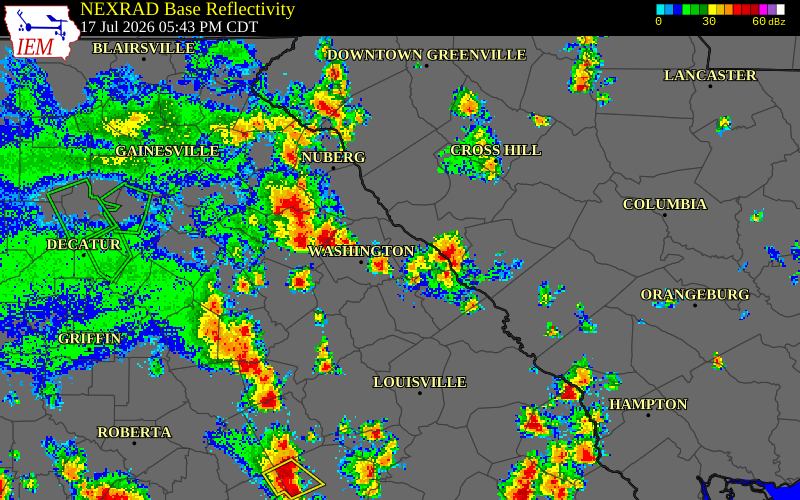 NEXRAD radar during the Friday, July 17, 2026 storm activity in McCormick County, South Carolina
